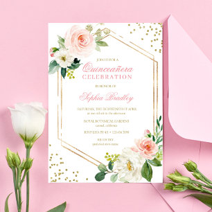 Elegant Blush Gold Pink Floral Quinceañera Invitation