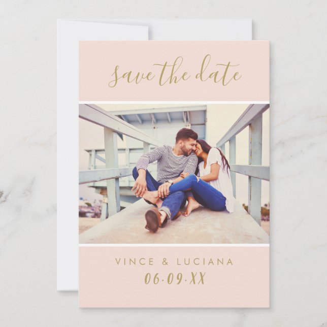 Elegant Blush Gold Script Photo Wedding Save The Date (Front)