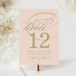 Elegant Blush Gold Script Wedding Table Number<br><div class="desc">NOTE: Each table number card must be customized and individually added to the shopping cart. Elegant pastel blush pink card includes a flourished monogram with champagne gold calligraphy and scroll design accents,  and damask pattern on the back of the card.</div>