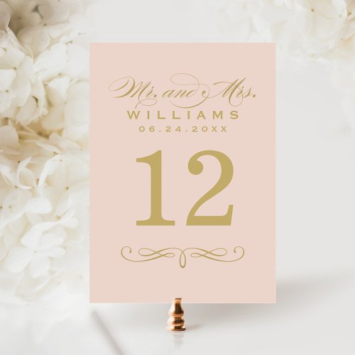 Elegant Blush Gold Script Wedding Table Number