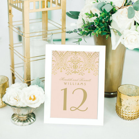 Elegant Blush Gold Vintage Glamour Wedding Table Number