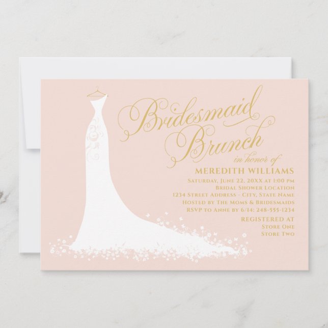 Elegant Blush Gold Wedding Gown Bridesmaid Brunch Invitation (Front)