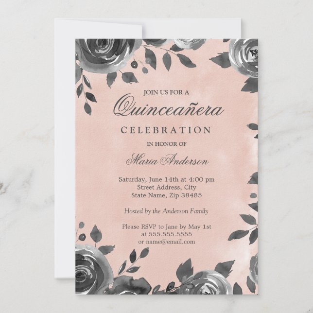Elegant Blush & Gray Watercolor Quinceanera Invite (Front)