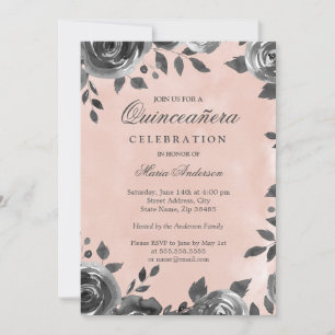 Elegant Blush & Gray Watercolor Quinceanera Invite
