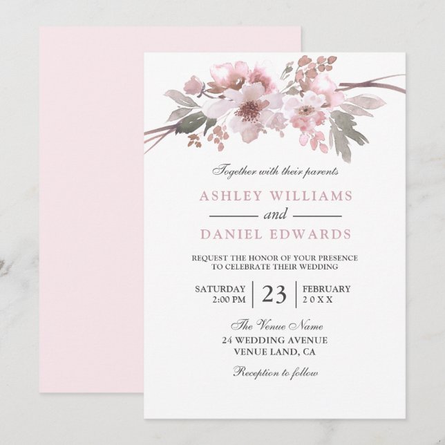 Elegant Blush & Gray White Floral Wedding Invitation (Front/Back)