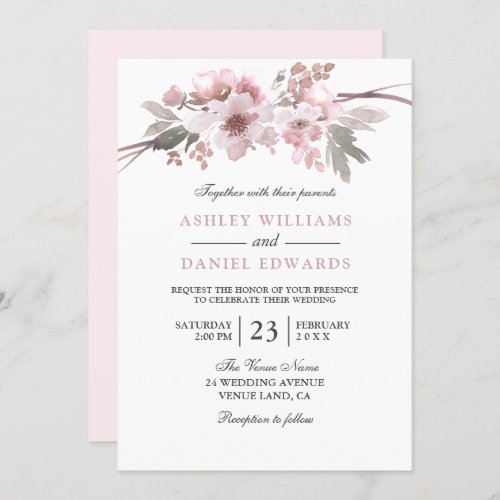 Elegant Blush  Gray White Floral Wedding Invitation