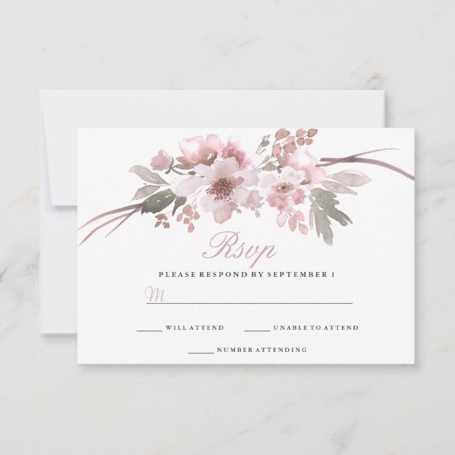 Elegant Blush & Gray White floral Wedding RSVP (Front)