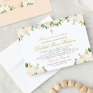 Elegant Blush Green Gold Floral Baptism Girl Invitation