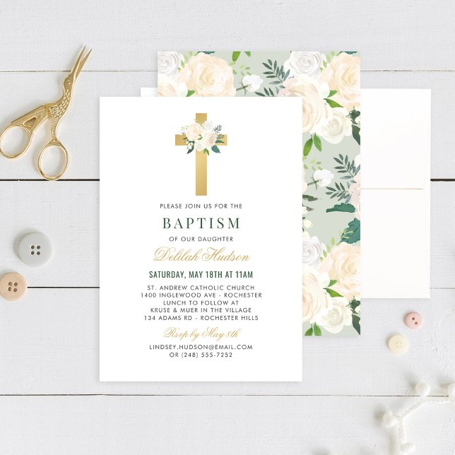Elegant Blush Green Gold Floral Cross Girl Baptism Invitation (Creator Uploaded)