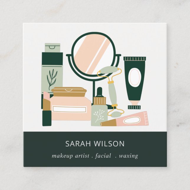 Elegant Blush Green Makeup Artist Cosmologist Square Business Card (Front)