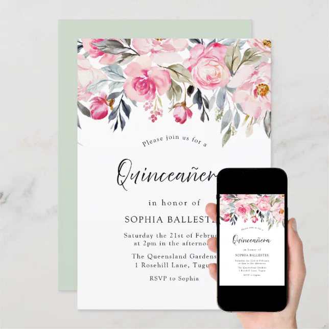 Elegant Blush & Greenery Floral Quinceanera Party Invitation | Zazzle