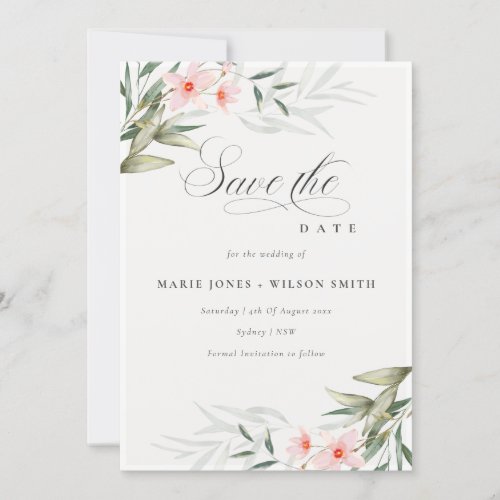 Elegant Blush Greenery Floral Save the Date Card