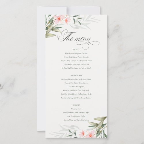 Elegant Blush Greenery Floral Wedding Menu Card