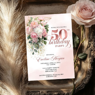Elegant Blush Greenery Rose Gold 50th Birthday Invitation