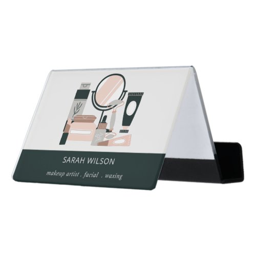 Elegant Blush Grey Makeup Artist Cosmologist Desk Desk Business Card Holder