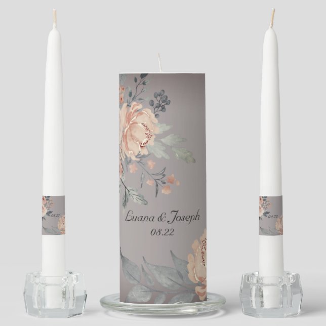 Elegant Blush Grey Pink Floral Wedding Unity Candle Set (Front)