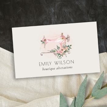 Elegant Blush Grey Sewing Machine Floral Tailor Business Card by DearBrand at Zazzle