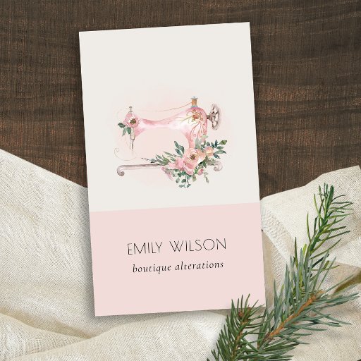 Customizable Elegant Blush Grey Sewing Machine Floral Tailor Business Card