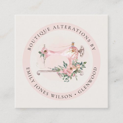 Elegant Blush Grey Sewing Machine Floral Tailor Square Business Card
