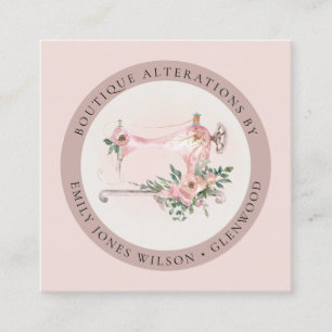 Elegant Blush Grey Sewing Machine Floral Tailor Square Business Card