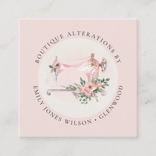 Elegant Blush Grey Sewing Machine Floral Tailor Square Business Card