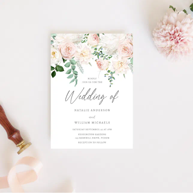 Elegant Blush & Ivory White Floral Wedding Invitation | Zazzle