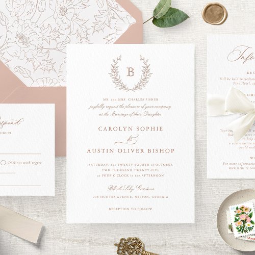 Elegant Blush Laurel Wreath Wedding Monogram Invitation