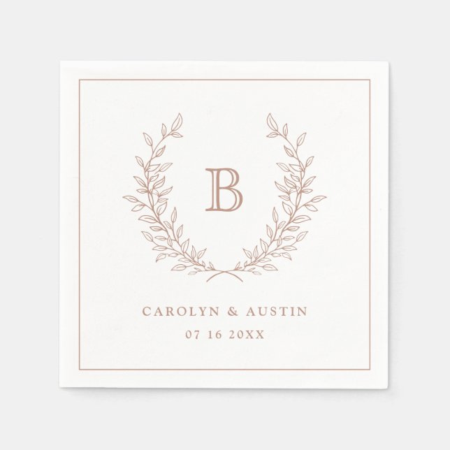 Elegant Blush Laurel Wreath Wedding Monogram Napkins (Front)