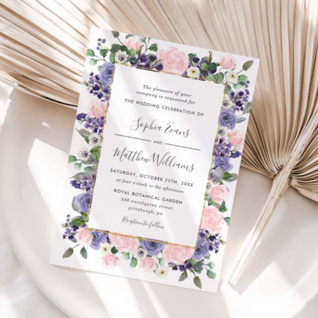 Elegant Blush & Lavender Floral Gold Wedding  Invitation (Elegant Blush & Lavender Floral Wedding Invitation)