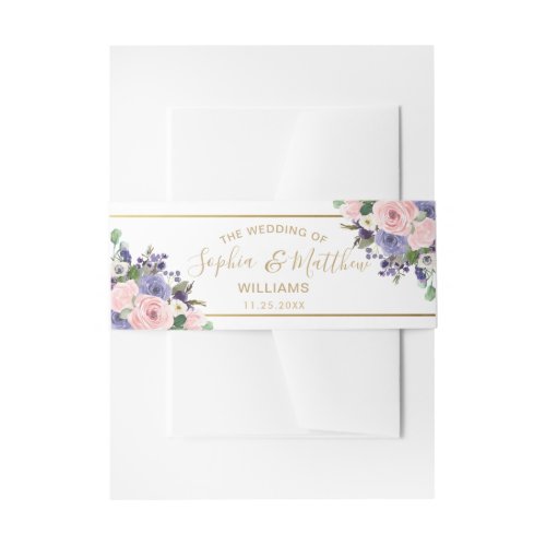 Elegant Blush Lavender Floral Roses Gold Wedding Invitation Belly Band