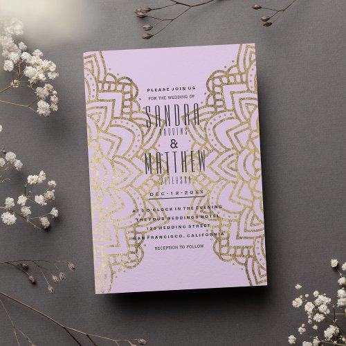 Elegant Blush Lavender Gold Floral Mandala Wedding Invitation