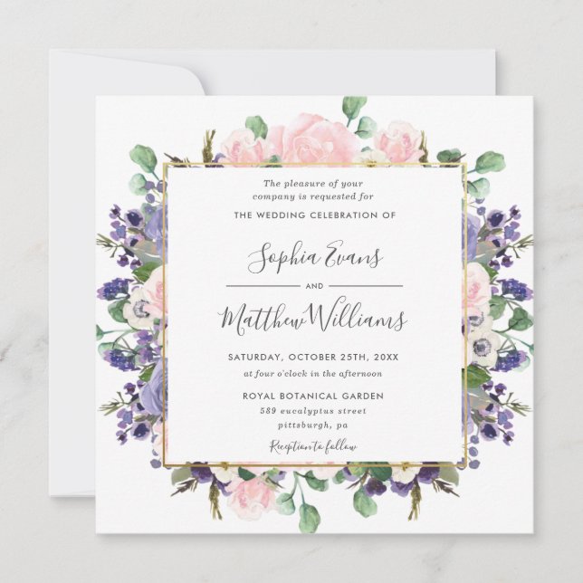 Elegant Blush Lavender Purple Floral Gold Wedding Invitation (Front)