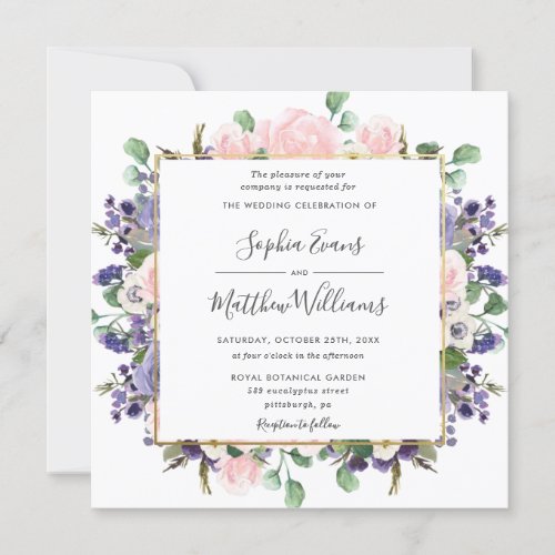 Elegant Blush Lavender Purple Floral Gold Wedding Invitation