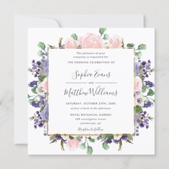 Elegant Blush Lavender Purple Floral Gold Wedding Invitation (Front)