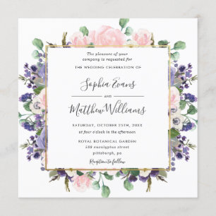 Elegant Blush Lavender Purple Floral Gold Wedding Invitation