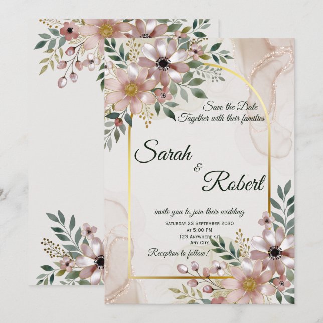 Elegant Blush Marble Floral Save The Date Card (Front/Back)