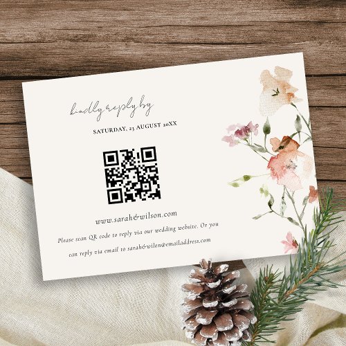 Elegant Blush Meadow Floral Wedding RSVP QR Code Enclosure Card