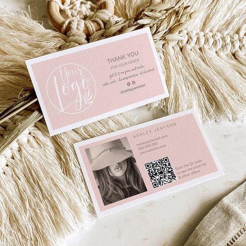 Elegant blush minimalist logo Qr order thank you Business Card