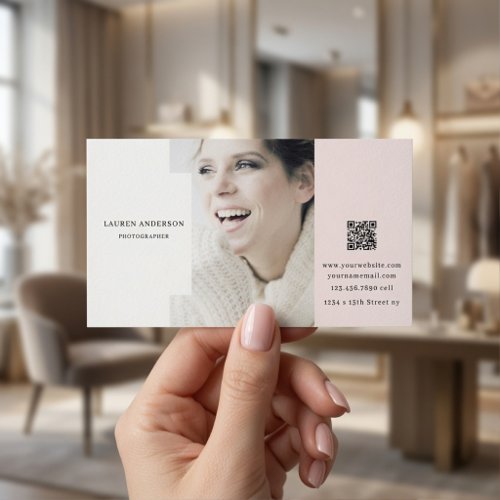 Elegant Blush Minimalist Photo QR Code  Business Card