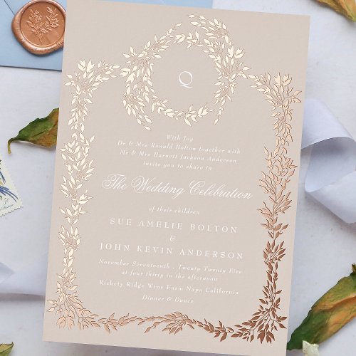 Elegant Blush monogram Rose Gold Crest Wedding Foil Invitation