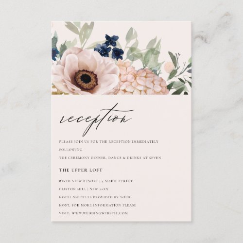 Elegant Blush Navy Anemone Flora Wedding Reception Enclosure Card