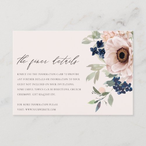 Elegant Blush Navy Anemone Floral Wedding Details Enclosure Card