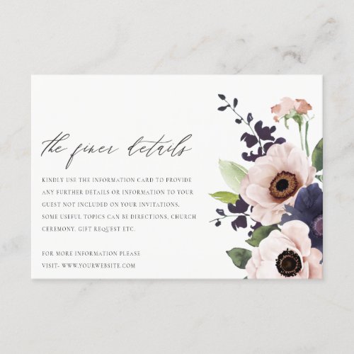 Elegant Blush Navy Anemone Floral Wedding Details Enclosure Card