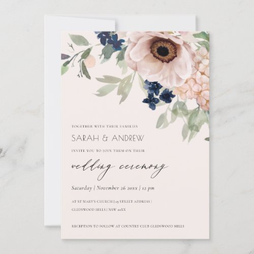 Elegant Blush Navy Anemone Floral Wedding Invite