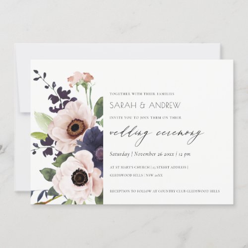 Elegant Blush Navy Anemone Floral Wedding Invite