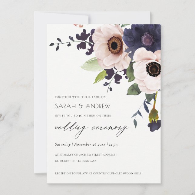 Elegant Blush Navy Anemone Floral Wedding Invite (Front)