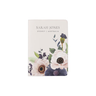 Elegant Blush Navy Anemone Watercolor Floral Passport Holder