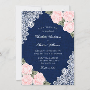 Elegant Blush Navy Blue Burlap Lace Floral Wedding Invitation