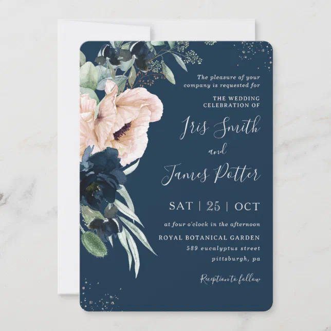 Elegant Blush Navy Blue Floral Silver Wedding Invitation | Zazzle
