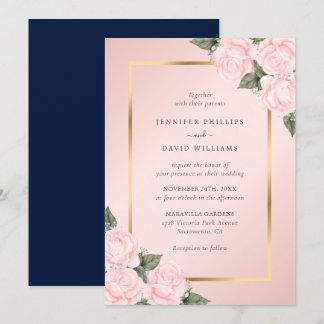 Elegant Blush Navy Blue Gold Floral Wedding Invitation